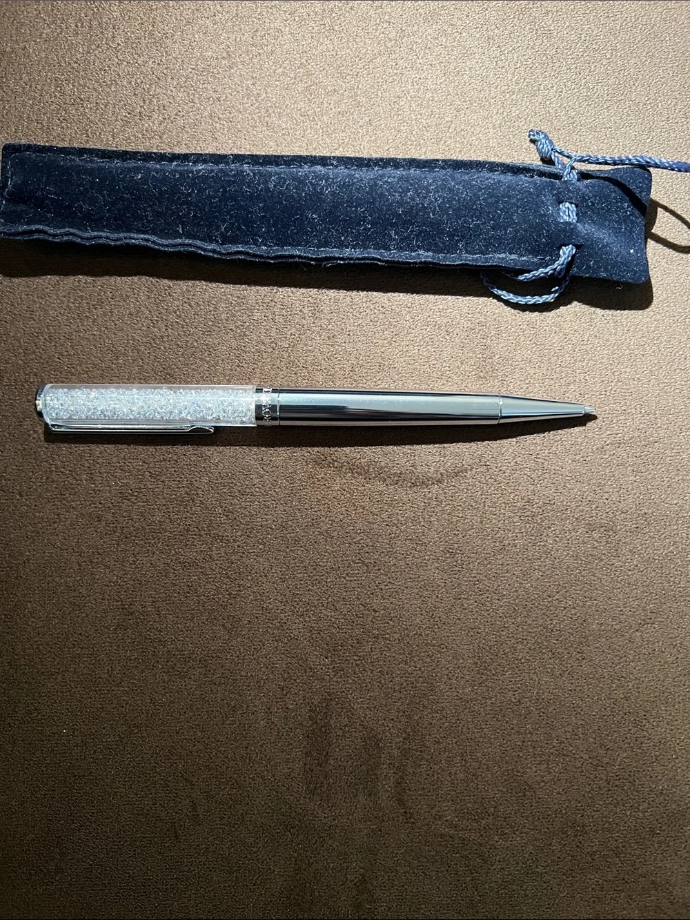 Swarovski Silver Crystal Ballpoint Pen with Navy Velvet Pouch